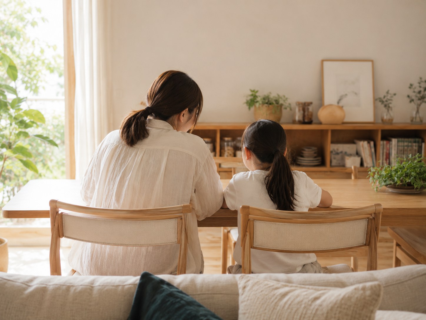 テーブルを囲んで話す親子